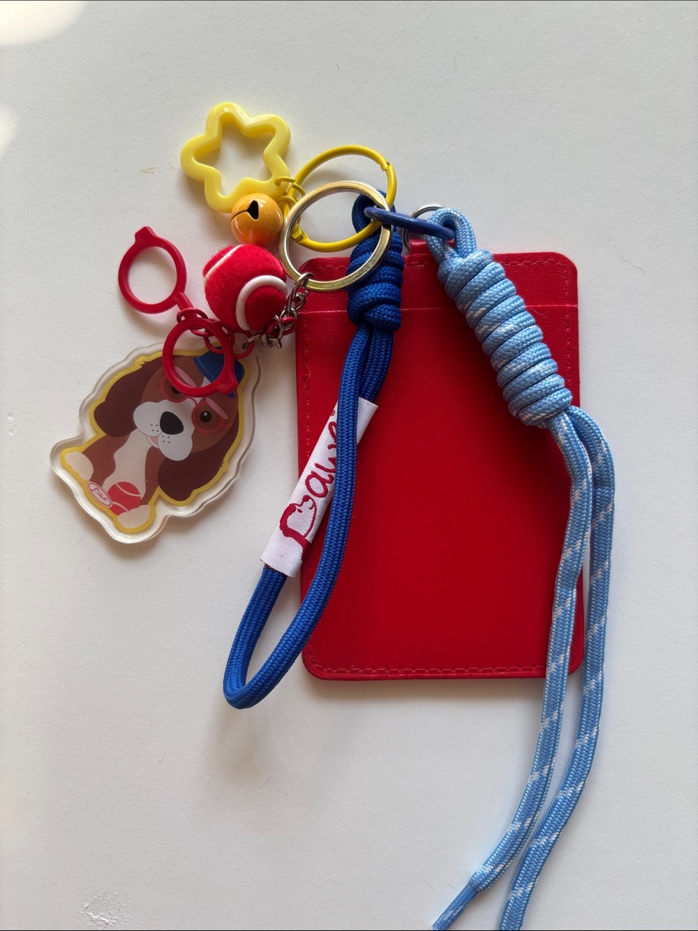 Red Card Holder Lanyard with Blue Cord and Charms